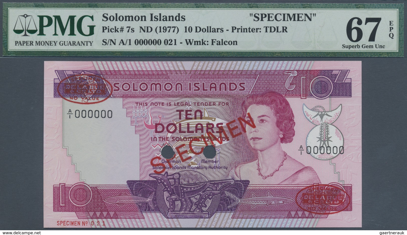 Solomon Islands: 10 Dollars ND(1977) TDLR Specimen, P.7s With Serial A/1 000000 PMG 67 Superb GEM UN - Isola Salomon