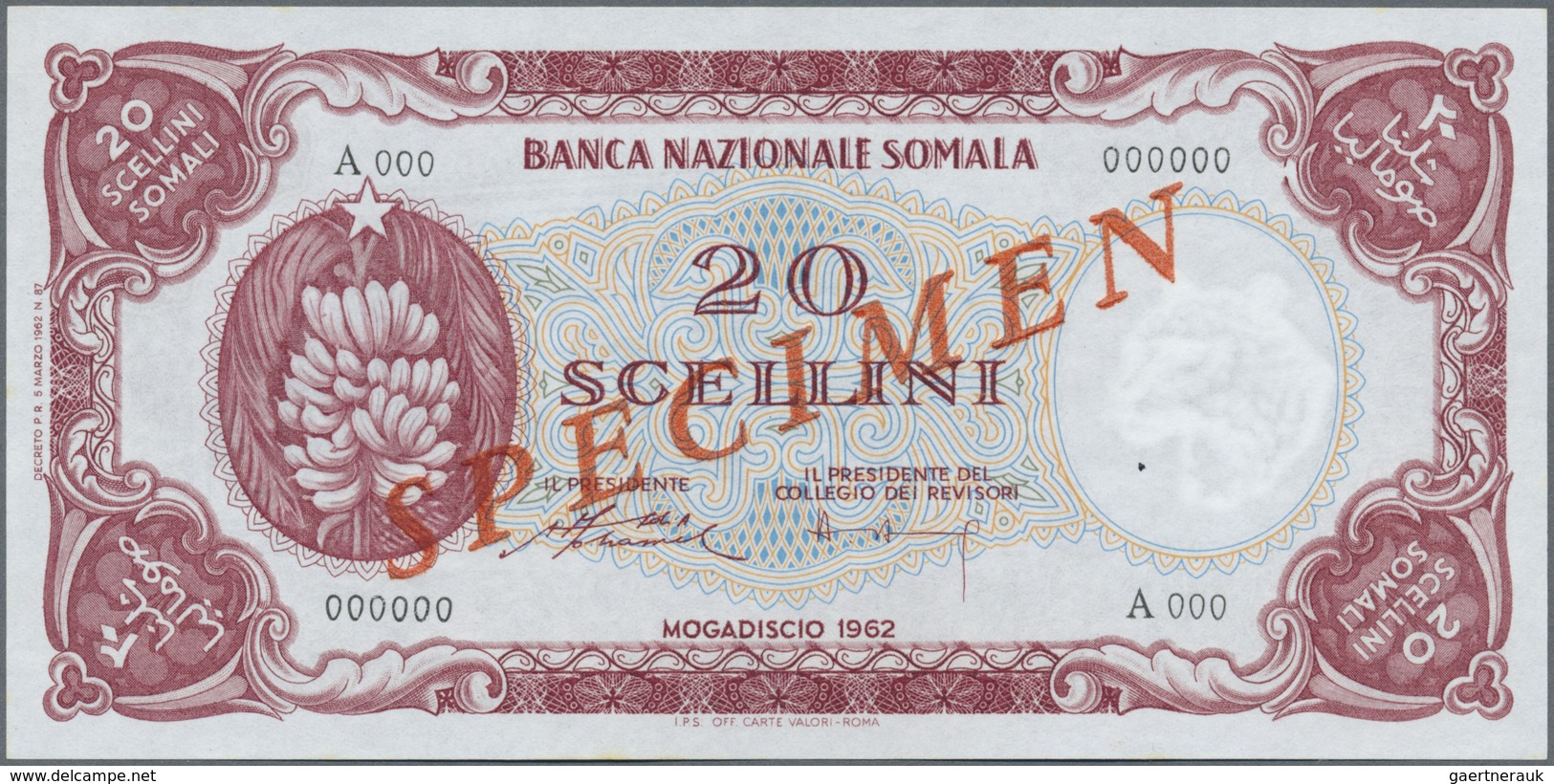 Somalia: Banca Nazionale Somala 20 Scellini 1962 SPECIMEN, P.3s With A Tiny Dint At Lower Right Corn - Somalia