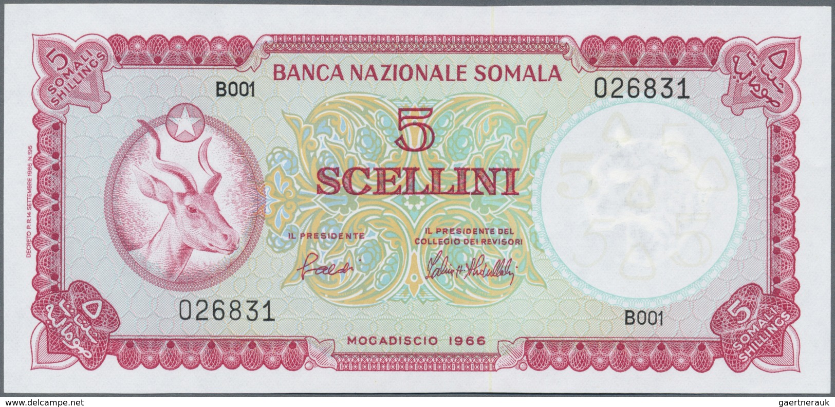 Somalia: Banca Nazionale Somala 5 Scellini 1966, P.5 In Perfect UNC Condition - Somalia