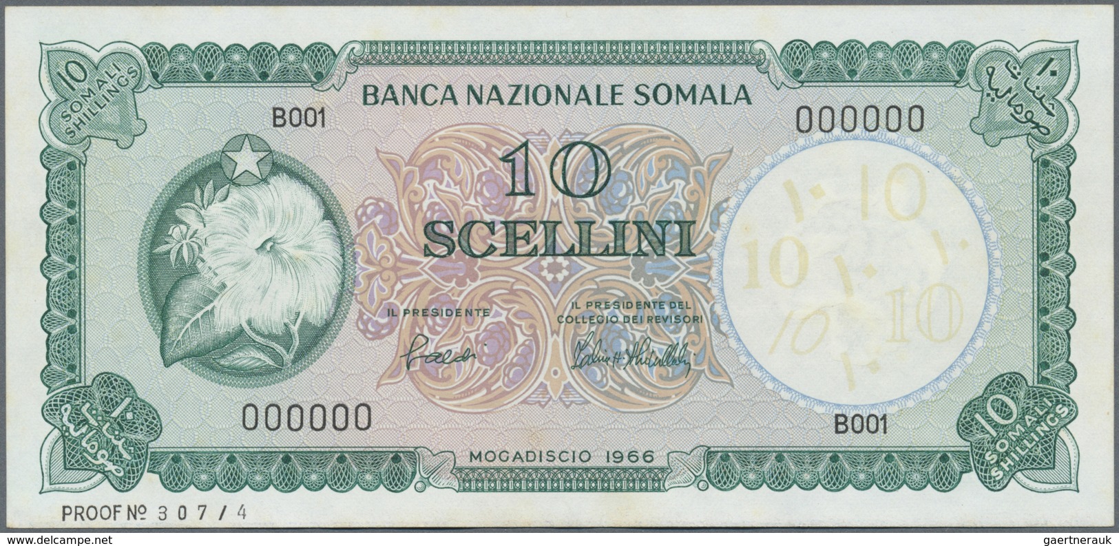 Somalia: Banca Nazionale Somala 10 Scellini 1966 SPECIMEN, P.6s With A Few Tiny Spots Along The Bord - Somalie