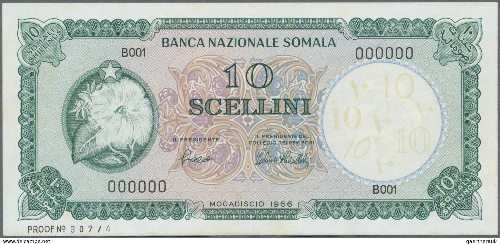 Somalia: Banca Nazionale Somala 10 Scellini 1966 SPECIMEN, P.6s With A Few Tiny Spots Along The Bord - Somalia