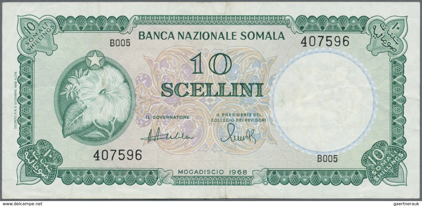 Somalia: Banca Nazionale Somala 10 Scellini 1968, P.10, Vertically Folded, Some Other Minor Creases - Somalia