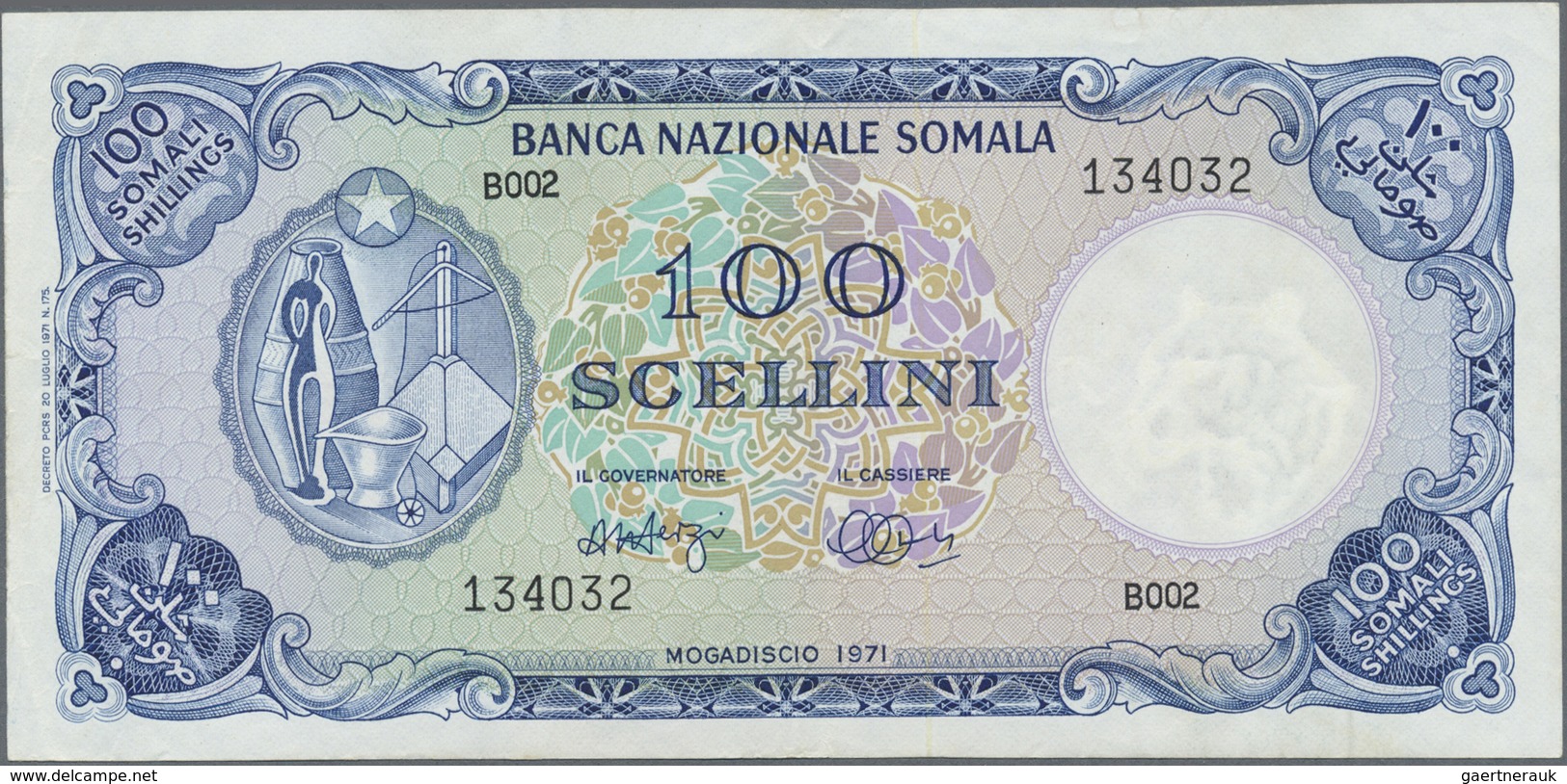 Somalia: Banca Nazionale Somala 100 Scellini 1971, P.16, Vertically Folded, Some Other Minor Creases - Somalia