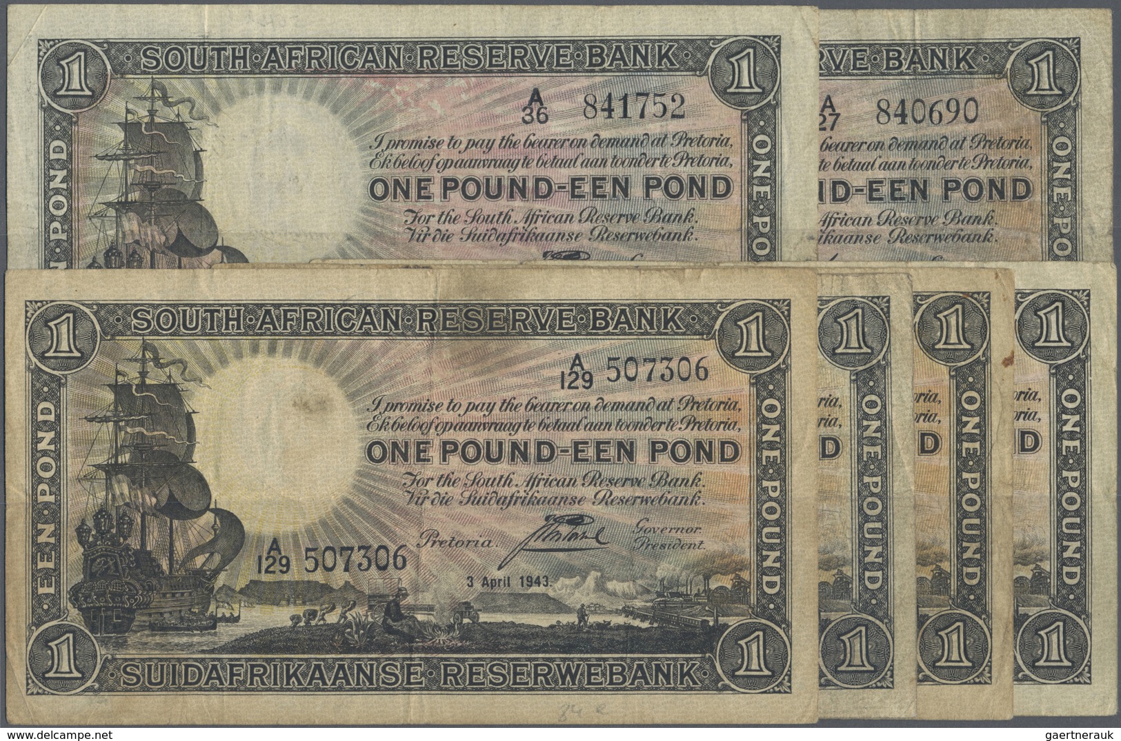 South Africa / Südafrika: Set Of 6 Notes 1 Pound P. 84 With Different Dates 1931, 1933, 1943, 3x 194 - South Africa