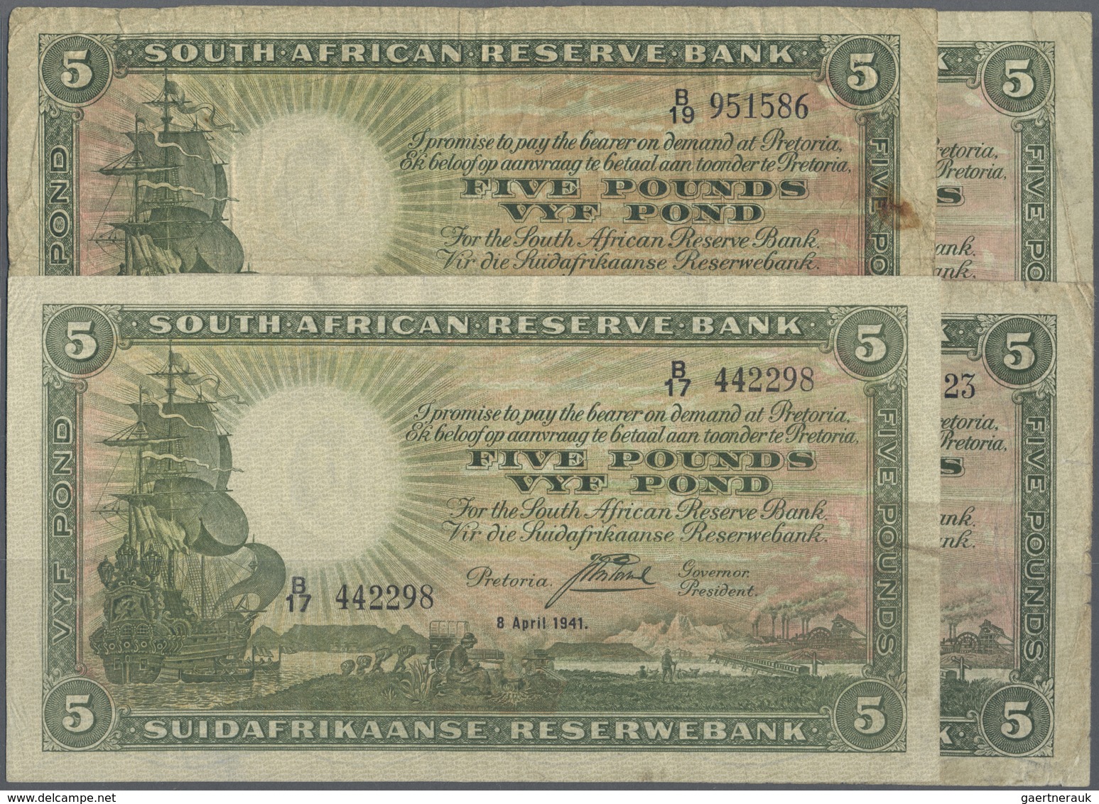 South Africa / Südafrika: Set Of 4 Notes 5 Pounds 1934, 1935, 2x 1941, In Condition: VG, F- And F. ( - South Africa