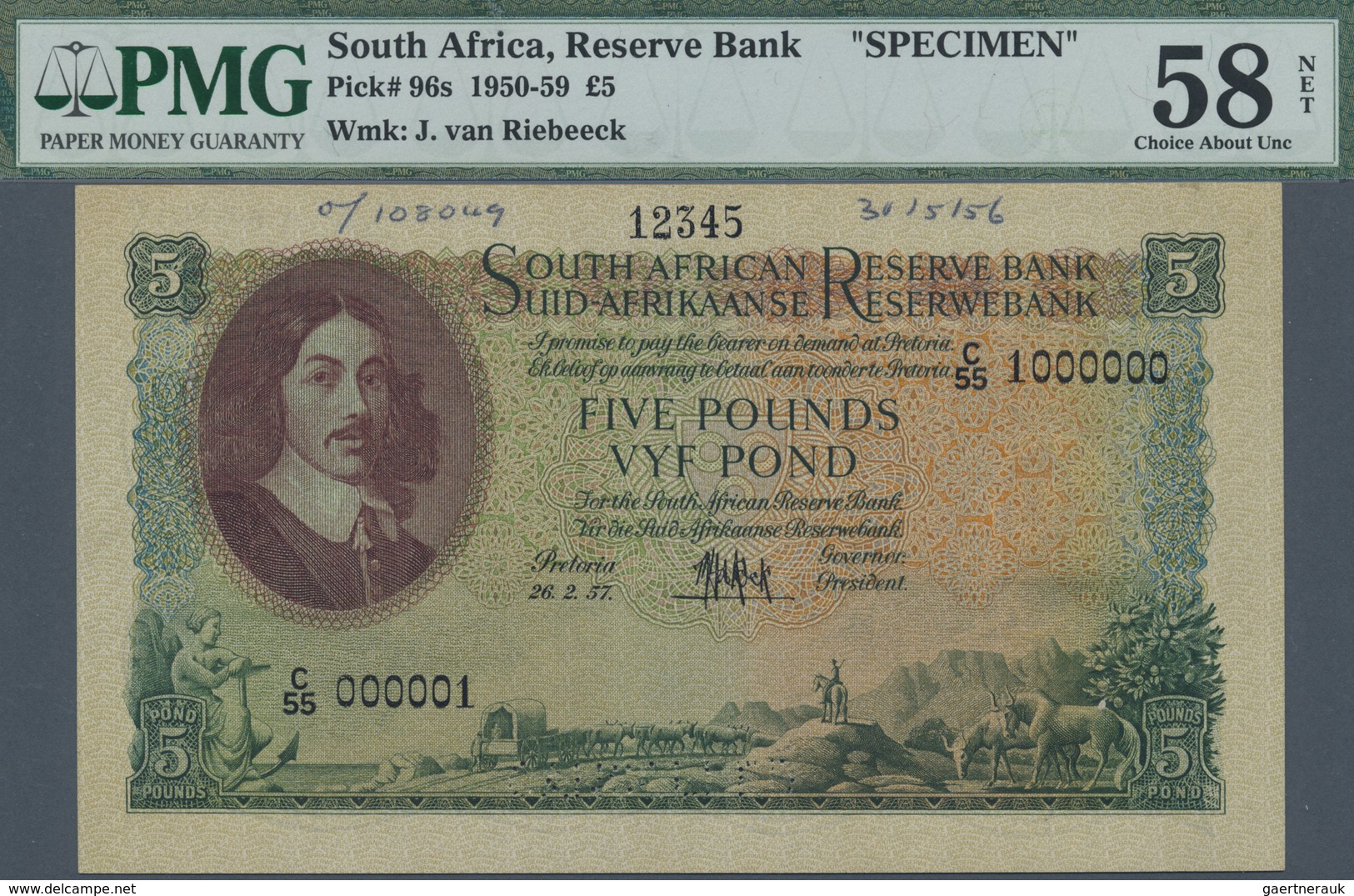 South Africa / Südafrika: 5 Pounds 1957 Specimen P. 96s, Condition: PMG 58 Choice AUNC NET. - South Africa