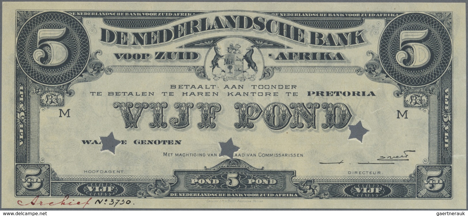 South Africa / Südafrika:  Netherlands Bank Of South Africa 5 Pond To 1920 Offset Printed Front And - South Africa