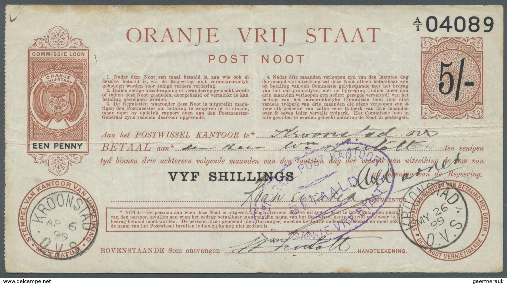 South Africa / Südafrika: Oranje Vrij Staat, 5 Shillings 1900 P. S683, Used With Several Folds And C - South Africa