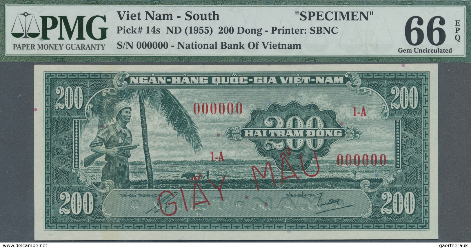 South Vietnam / Süd Vietnam: 200 Dong ND(1955) Specimen P. 14s, PMG Graded 66 GEM UNC EPQ. - Vietnam