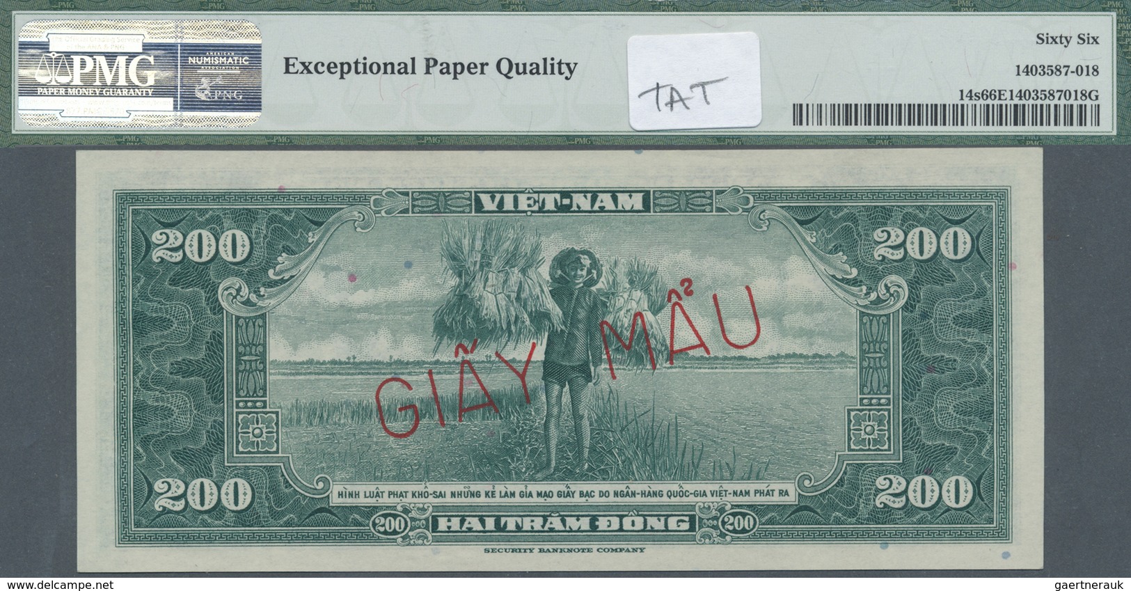 South Vietnam / Süd Vietnam: 200 Dong ND(1955) Specimen P. 14s, PMG Graded 66 GEM UNC EPQ. - Vietnam