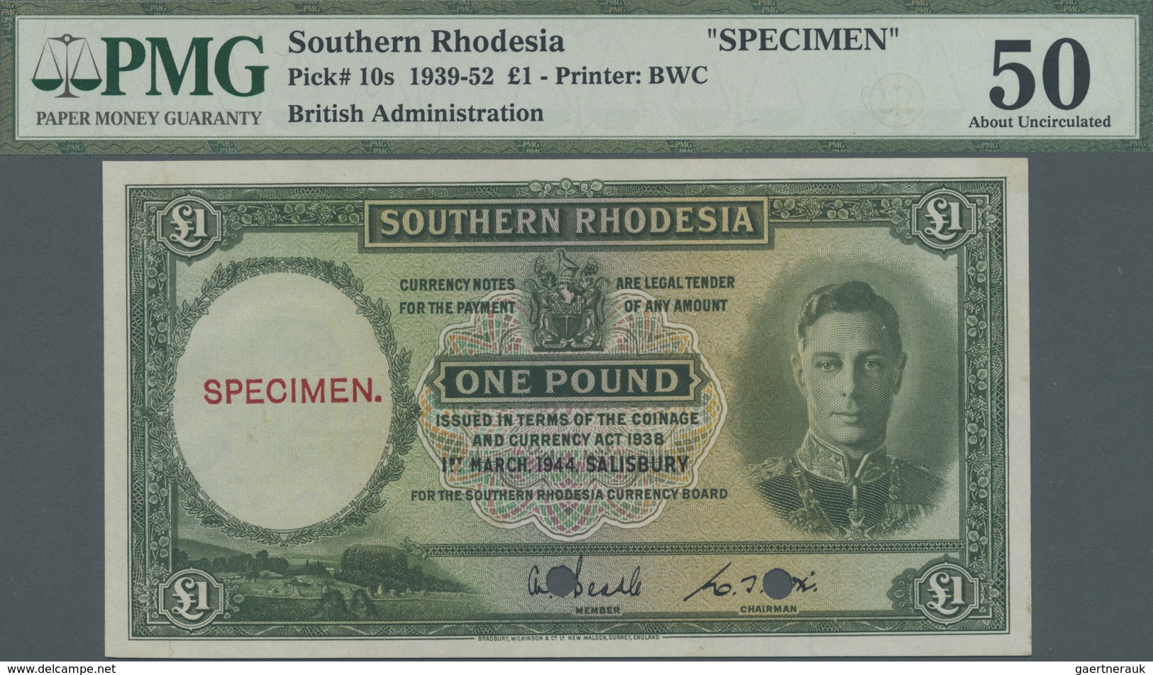 Southern Rhodesia / Süd-Rhodesien: 1 Pound 1944 SPECIMEN, P.10s, Some Minor Spots On Front And Back, - Rhodesia