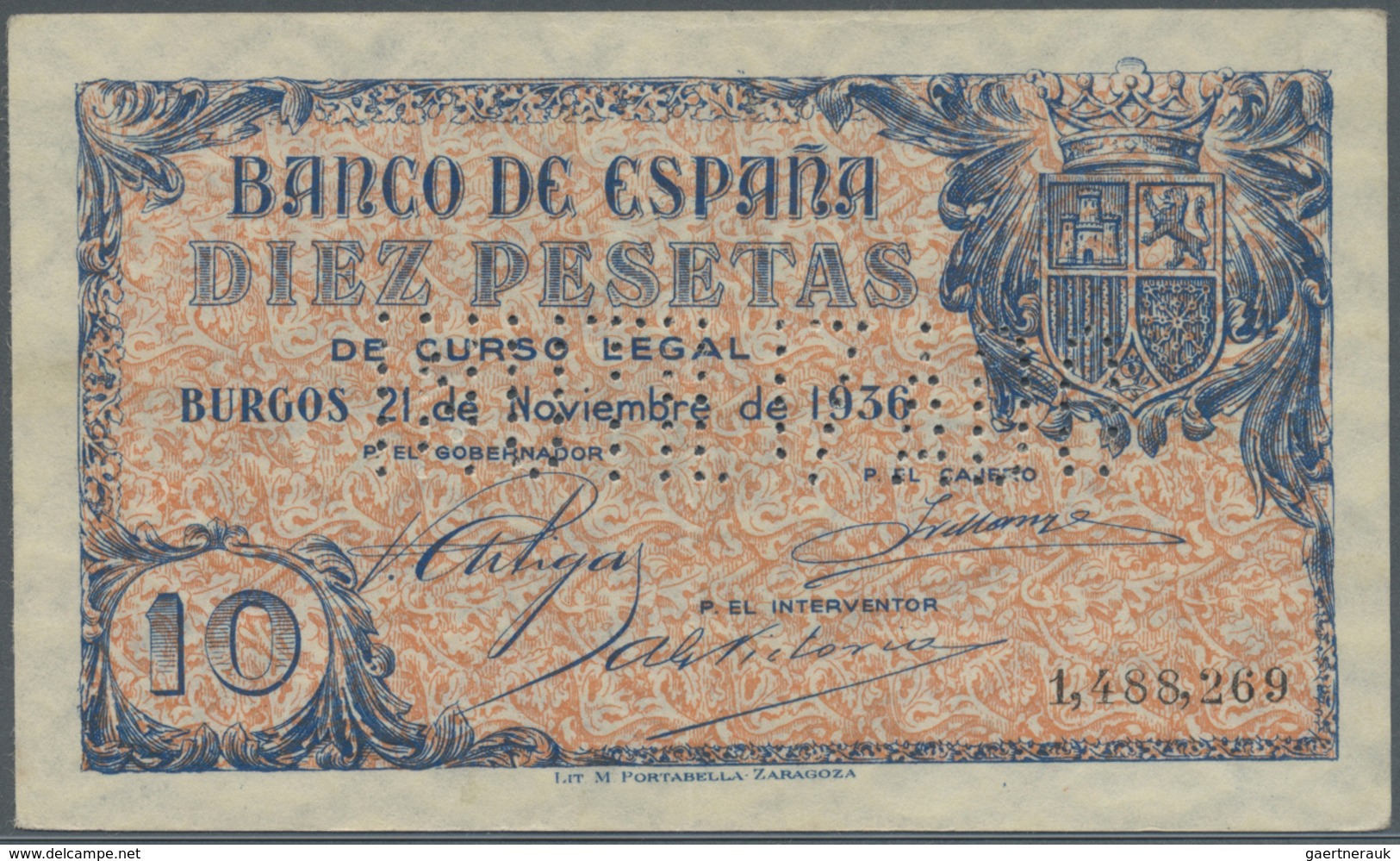 Spain / Spanien: 10 Pesetas 1936 With Cancellation "inutilizado", Regular Serial Number, P. 98s, Lig - Sonstige & Ohne Zuordnung