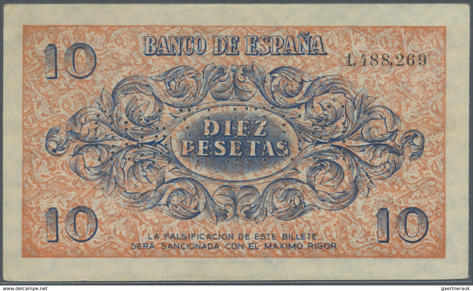 Spain / Spanien: 10 Pesetas 1936 With Cancellation "inutilizado", Regular Serial Number, P. 98s, Lig - Sonstige & Ohne Zuordnung