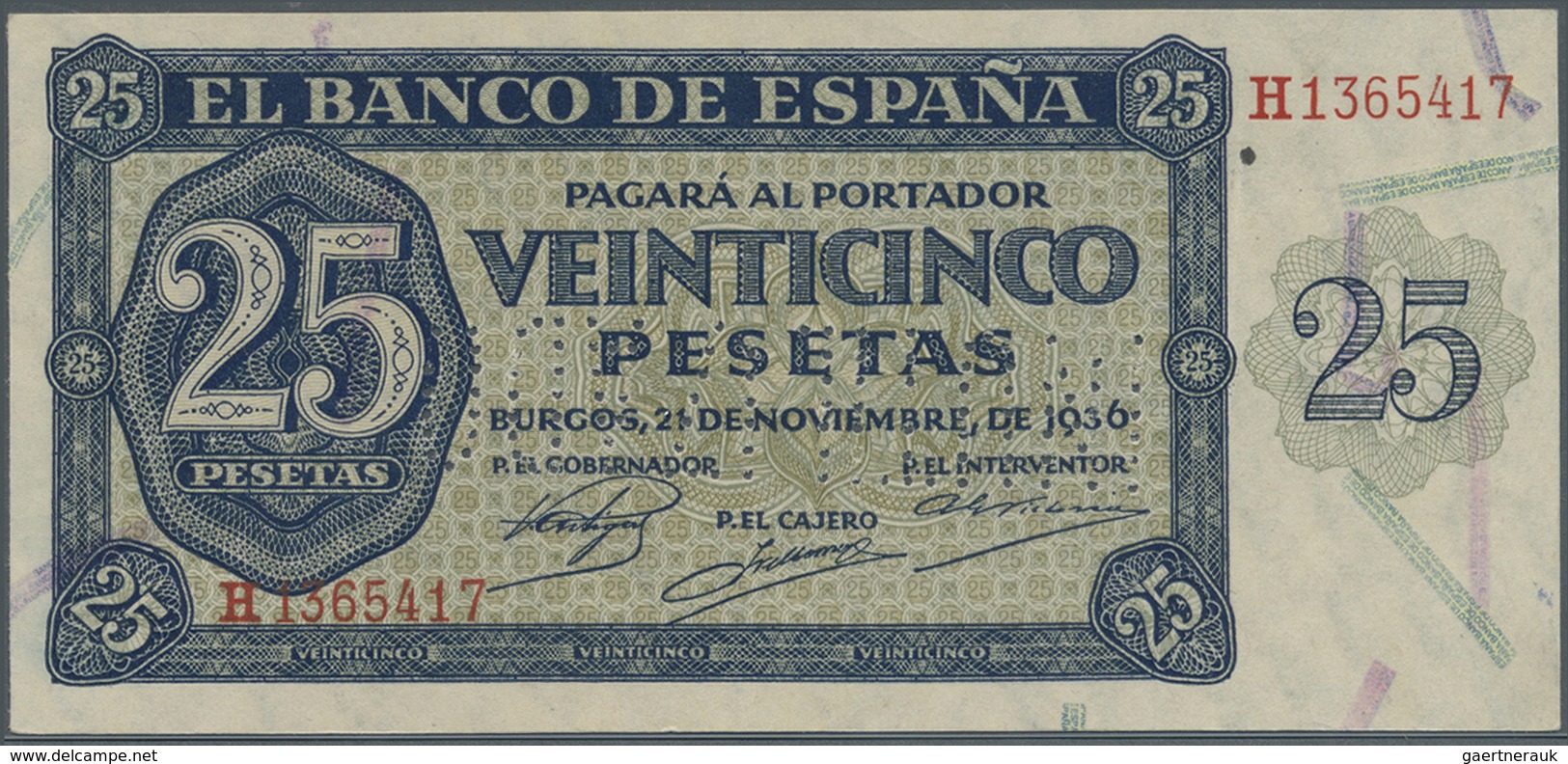 Spain / Spanien: 25 Pesetas 1936 With Cancellation "inutilizado", Regular Serial Number, P. 99s, One - Sonstige & Ohne Zuordnung