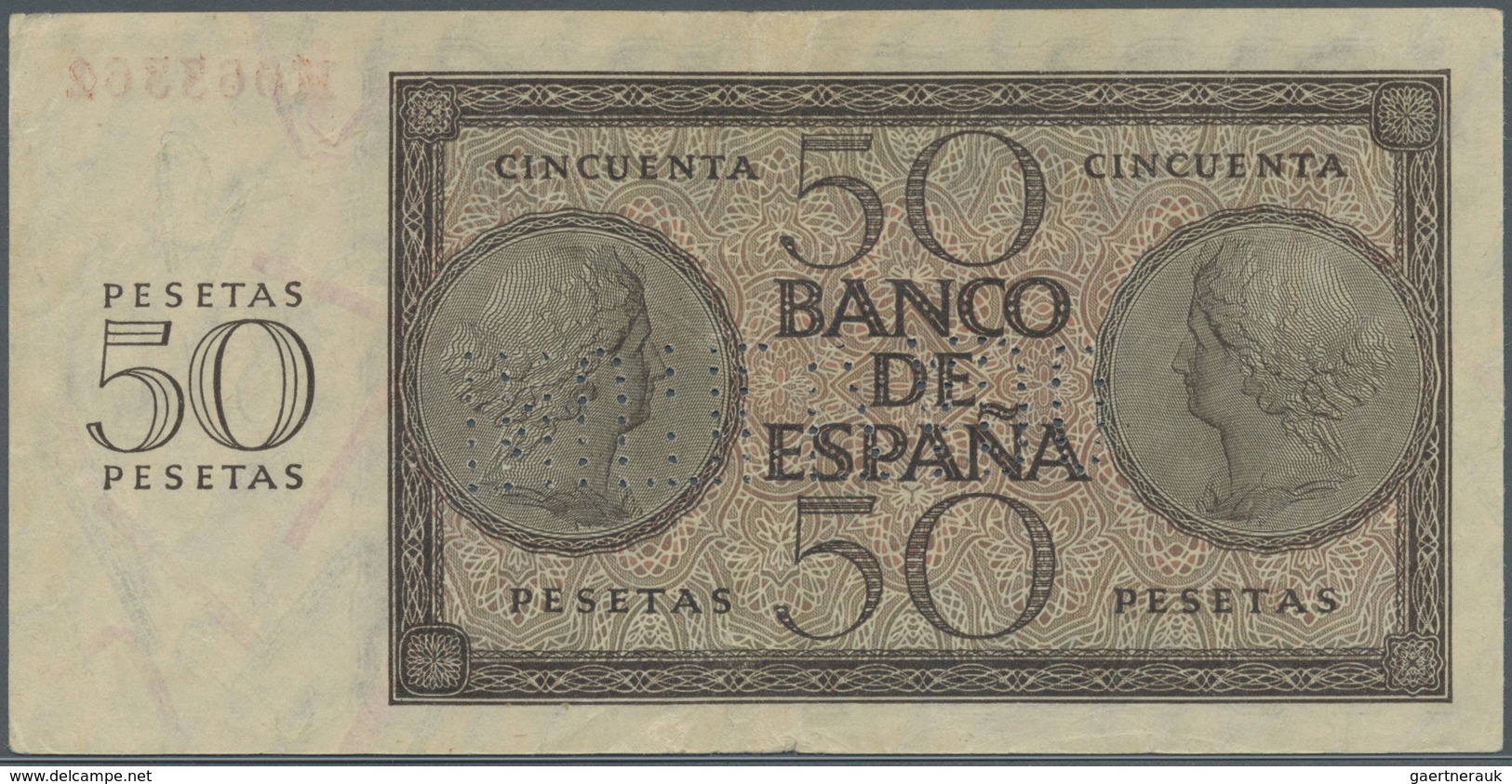 Spain / Spanien: 50 Pesetas 1936 With Cancellation "inutilizado", Regular Serial Number, P. 100s, Fo - Sonstige & Ohne Zuordnung