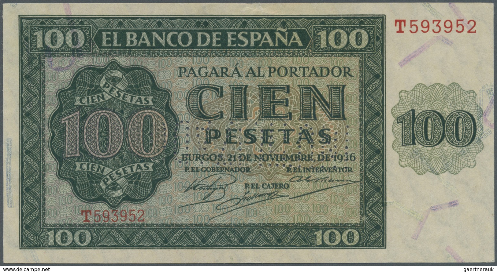 Spain / Spanien: 100 Pesetas 1936 With Cancellation "inutilizado", Regular Serial Number, P. 101s, I - Sonstige & Ohne Zuordnung