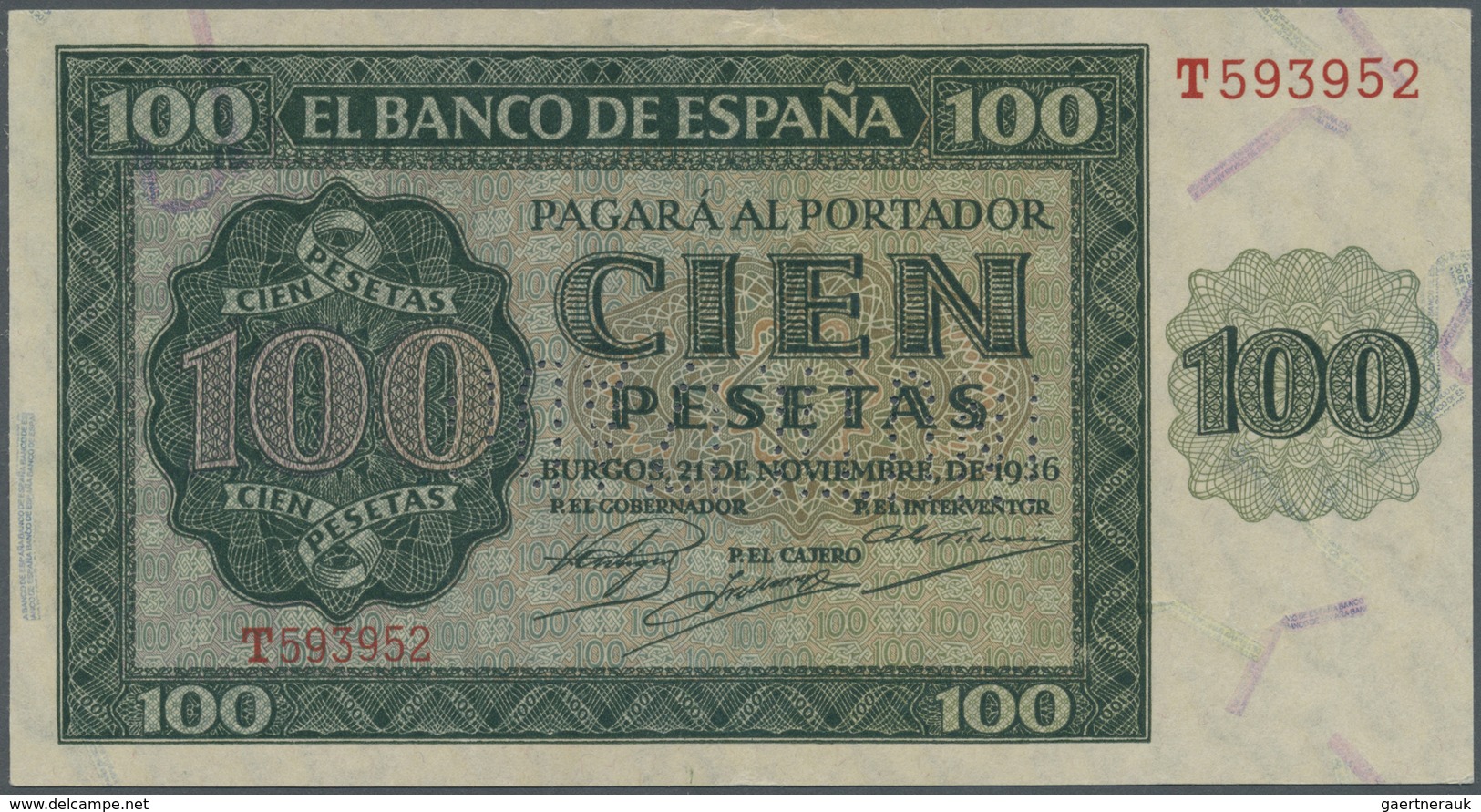 Spain / Spanien: 100 Pesetas 1936 With Cancellation "inutilizado", Regular Serial Number, P. 101s, I - Other & Unclassified