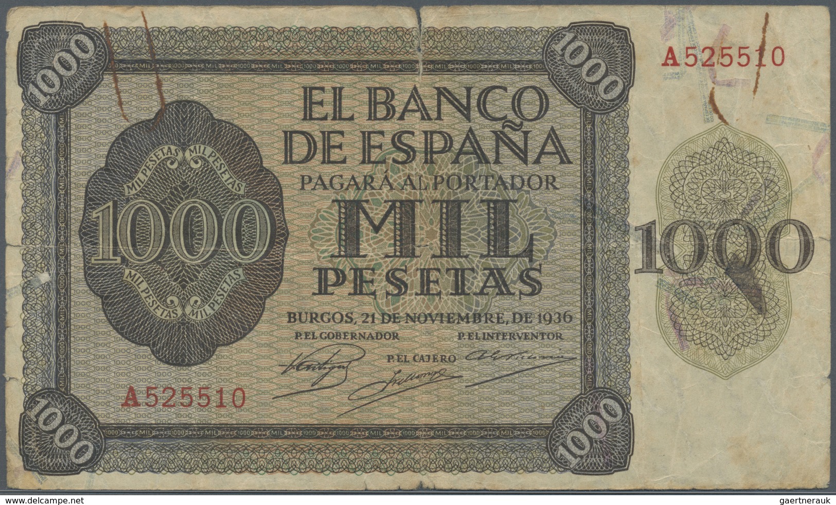 Spain / Spanien: 1000 Pesetas 1936, Burgos, P.103, Seldom Offered Note In Well Worn Condition With A - Sonstige & Ohne Zuordnung