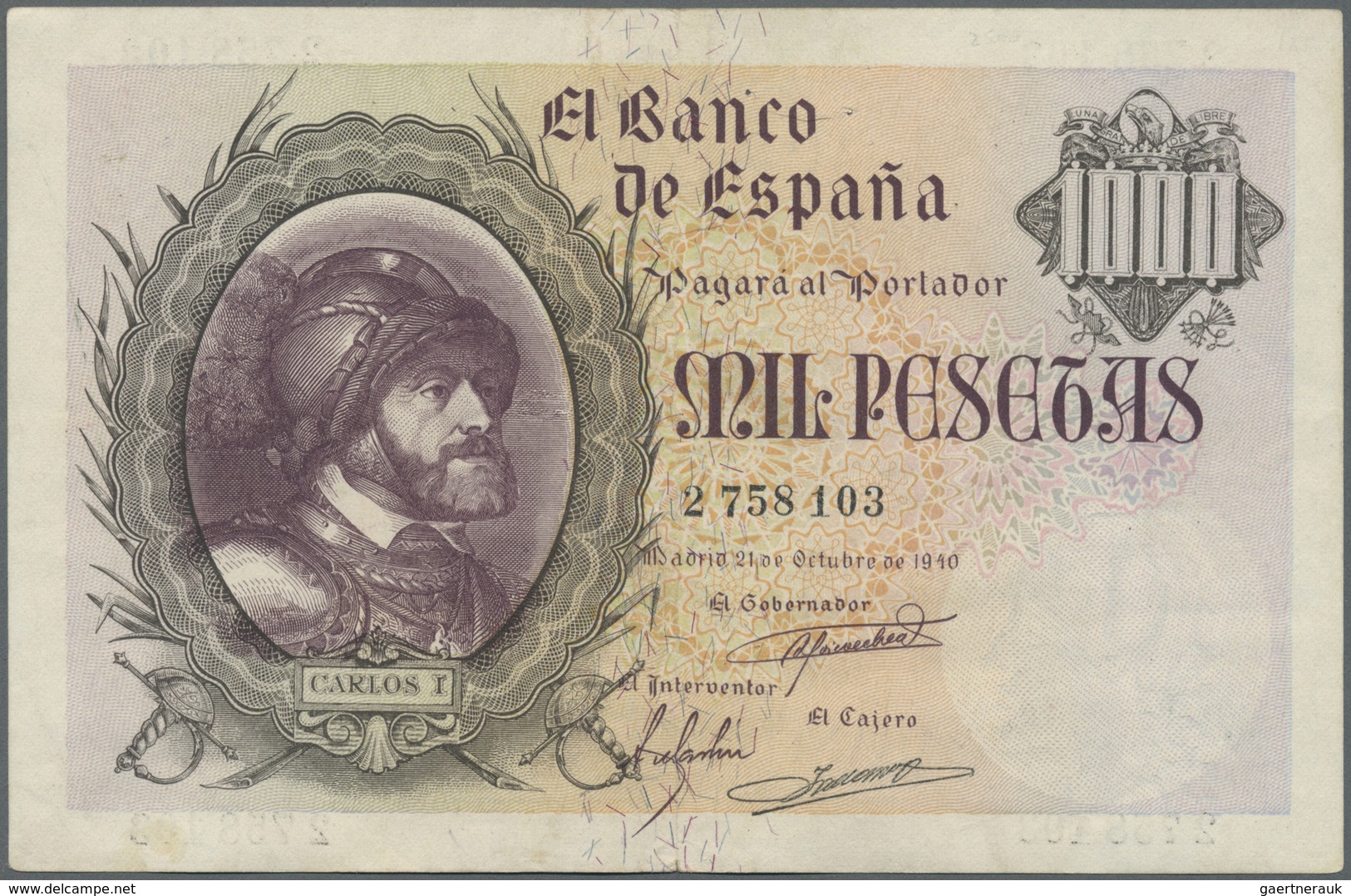 Spain / Spanien: 1000 Pesetas 1940, P.125, Very Popular Note In Nice Condition With Vertical Fold At - Other & Unclassified