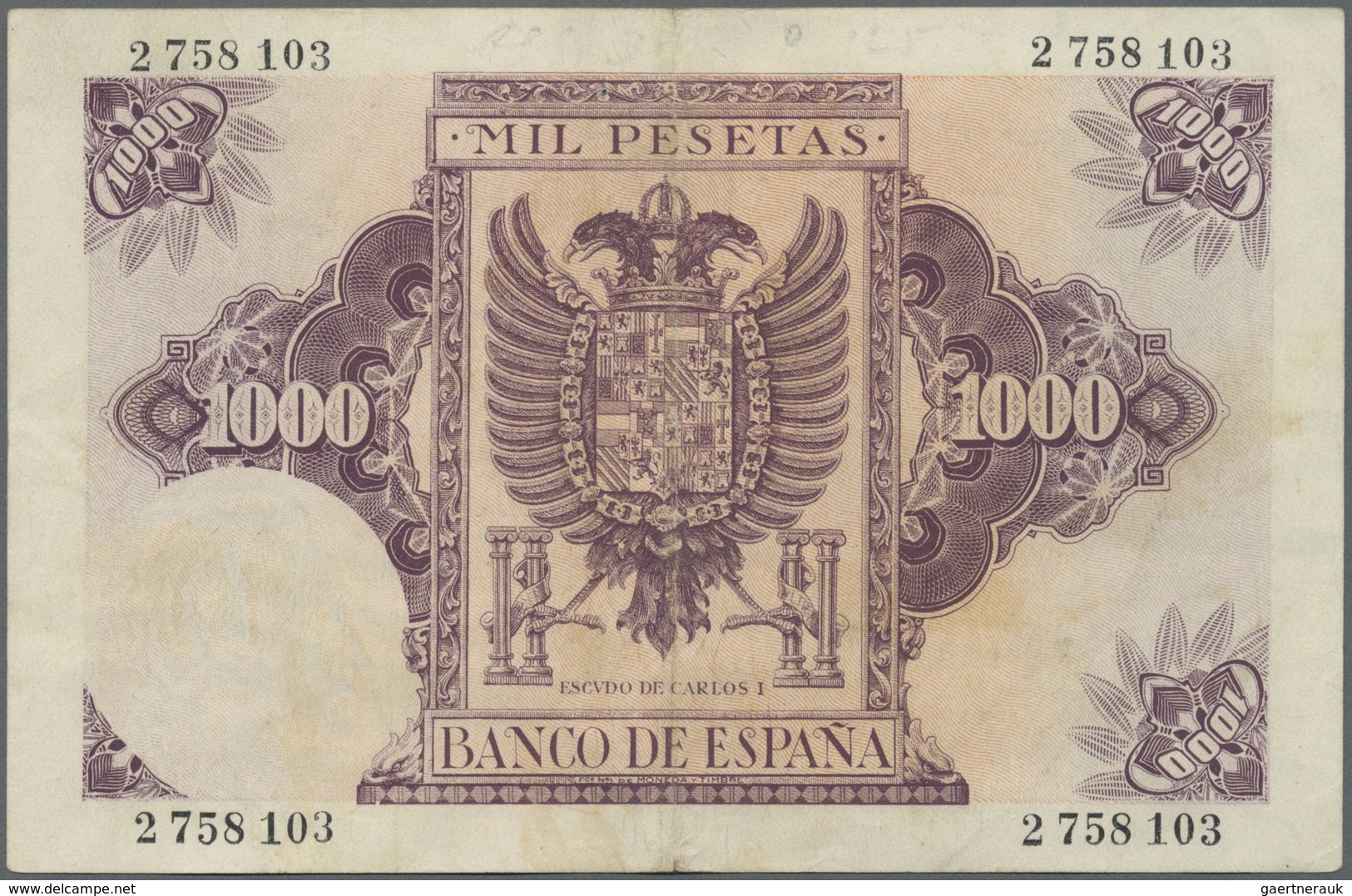 Spain / Spanien: 1000 Pesetas 1940, P.125, Very Popular Note In Nice Condition With Vertical Fold At - Other & Unclassified