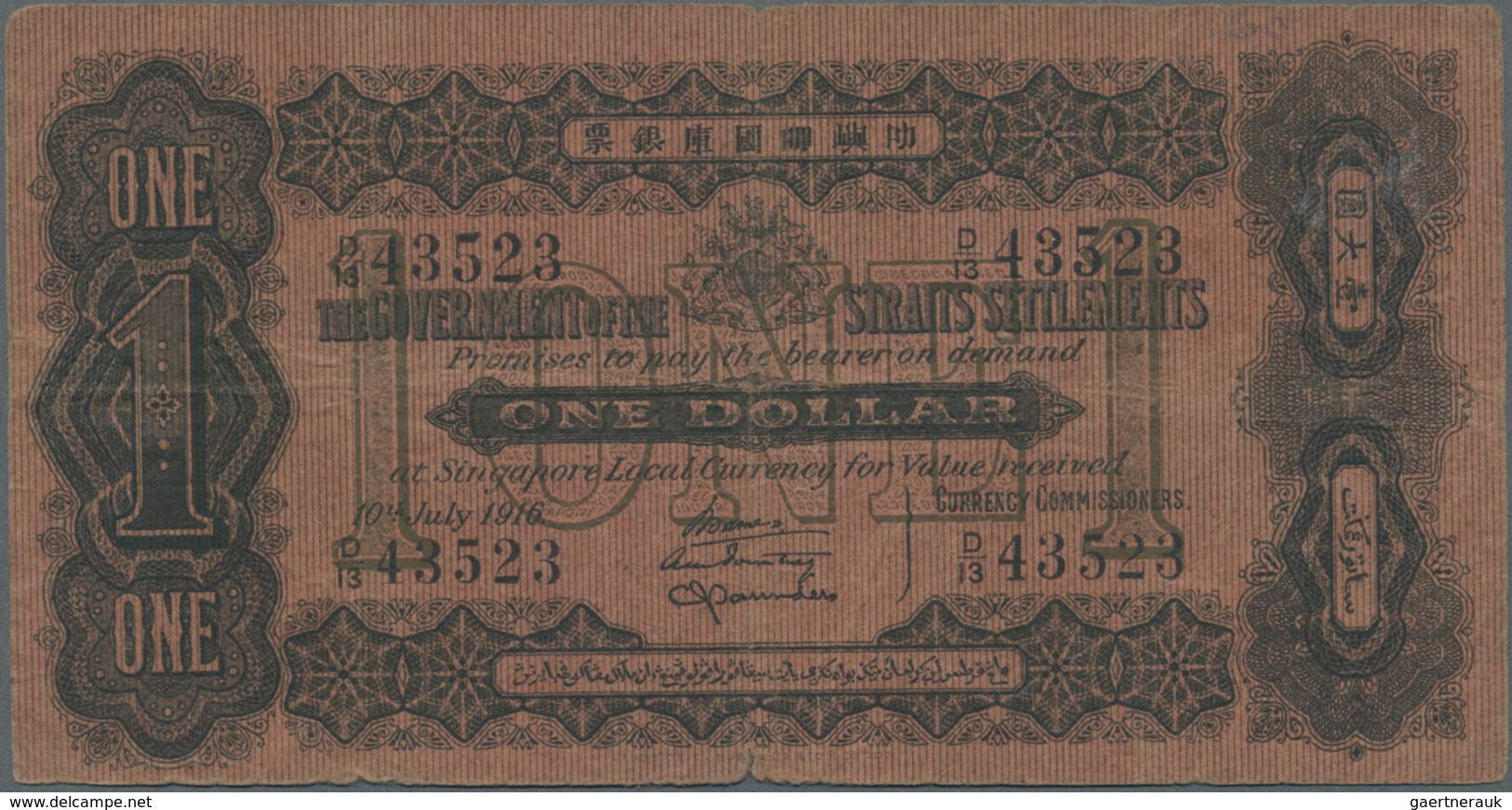 Straits Settlements: 1 Dollar 1916 P. 1c, Used With Several Folds, Tiny Center Hole, No Tears, No Re - Malaysia