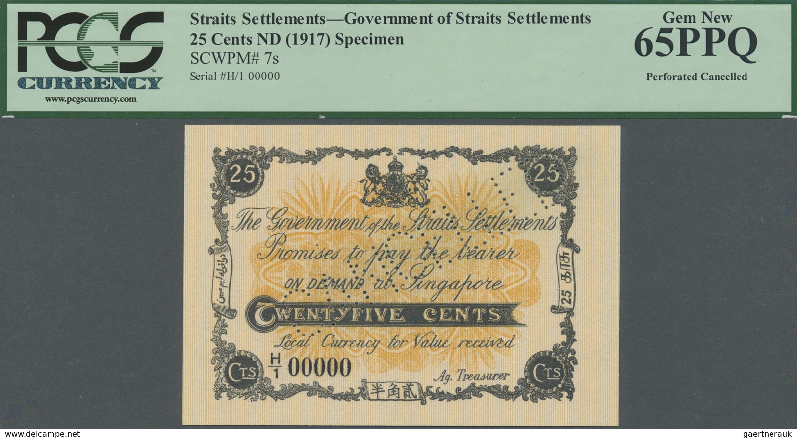 Straits Settlements: Highly Rare 25 Cents ND(1917) SPECIMEN P.7s, PCGS Graded 65 PPQ - Malaysia