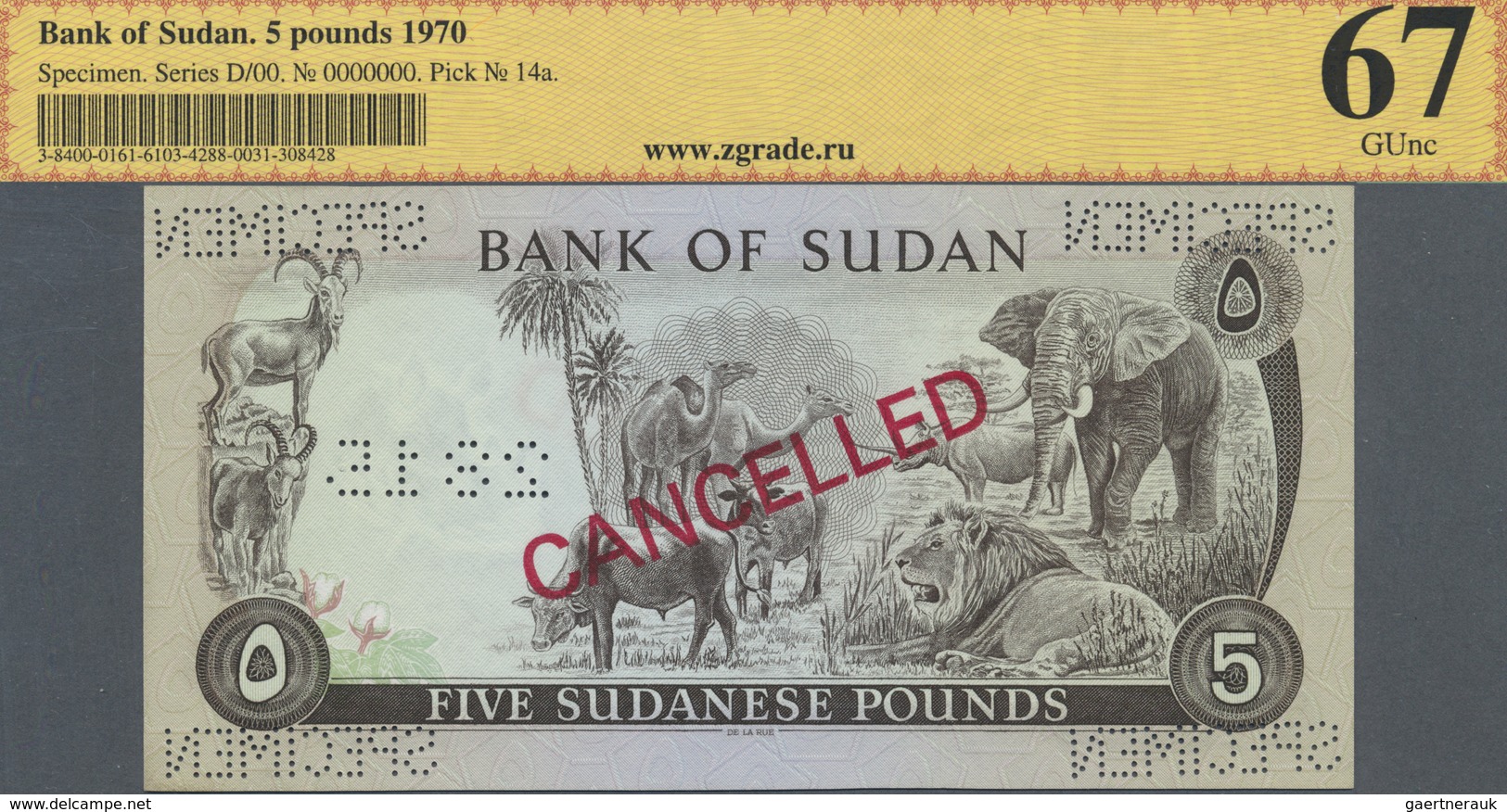 Sudan: 5 Pounds 1970 Specimen P. 14as, ZG Graded 67 UNC. - Sudan