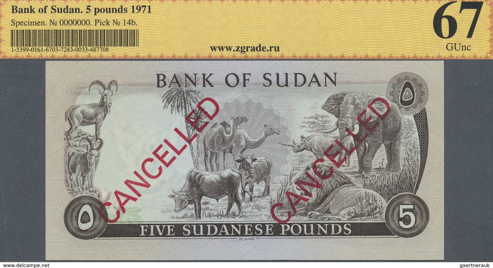 Sudan: 5 Pounds 1971 Specimen P. 14bs, ZG Graded 67 UNC. - Sudan