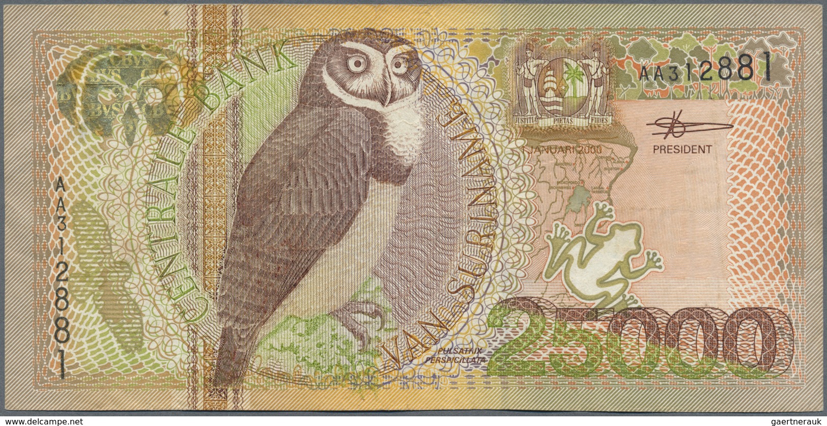 Suriname: 25.000 Gulden 2000 "Owl Note" P. 154, Key Note Of The Series In Used Condition With Light - Surinam