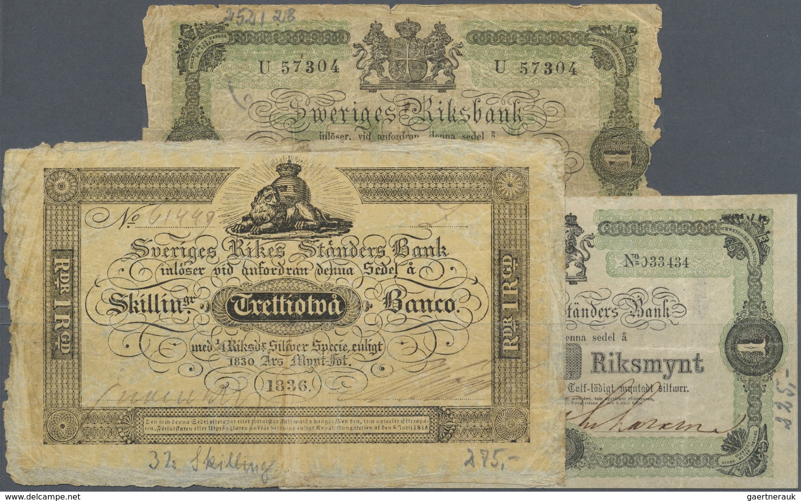 Sweden / Schweden: Set With 3 Banknotes 32 Skilling 1836, 1 Riksdaler 1864 (in F With Annotations, S - Sweden