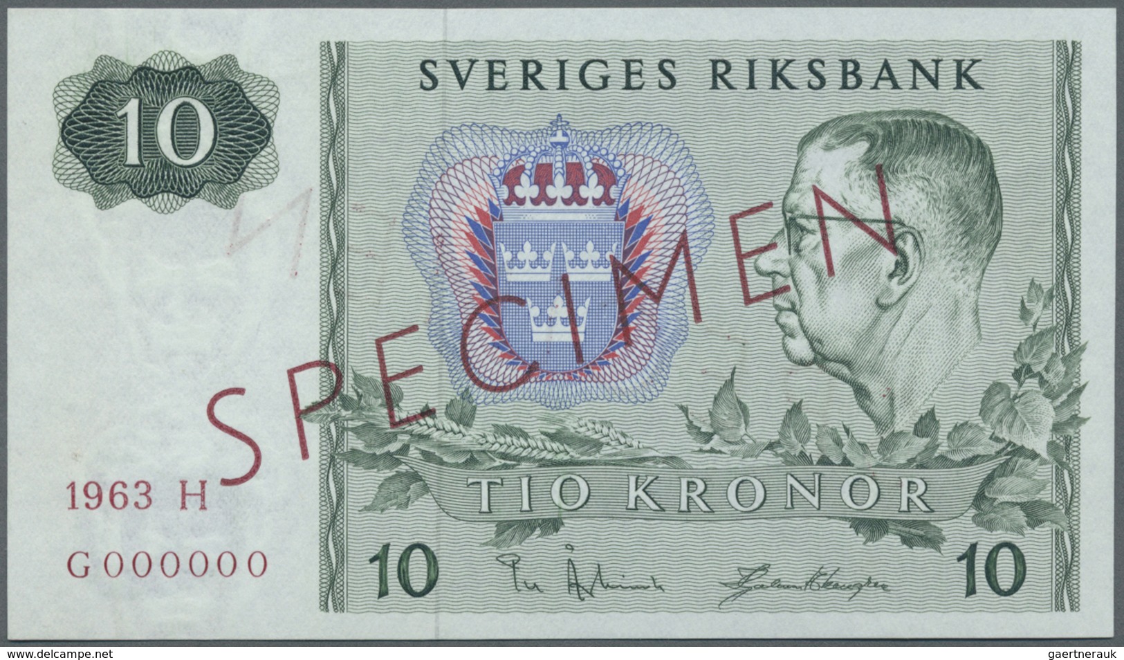 Sweden / Schweden: 10 Kroner 1963 Specimen P. 52s With Zero Serial Numbers, Red Specimen Overprint, - Sweden