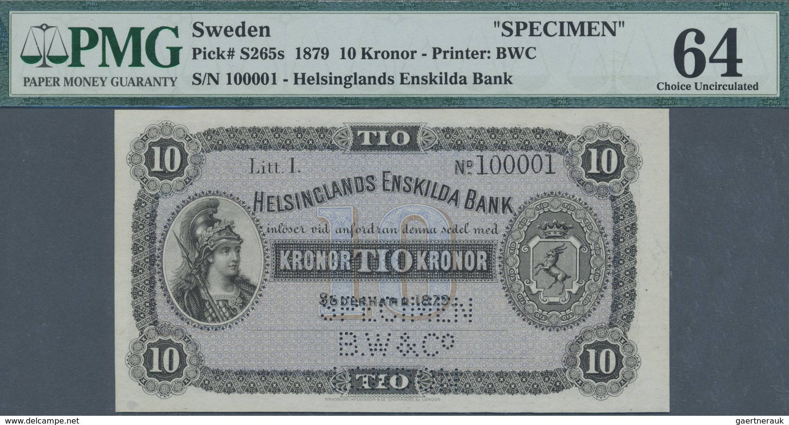 Sweden / Schweden: 10 Kronor 1879 Specimen P. S265s, Helsinglands Enskilda Bank, Condition: PMG 64 C - Sweden