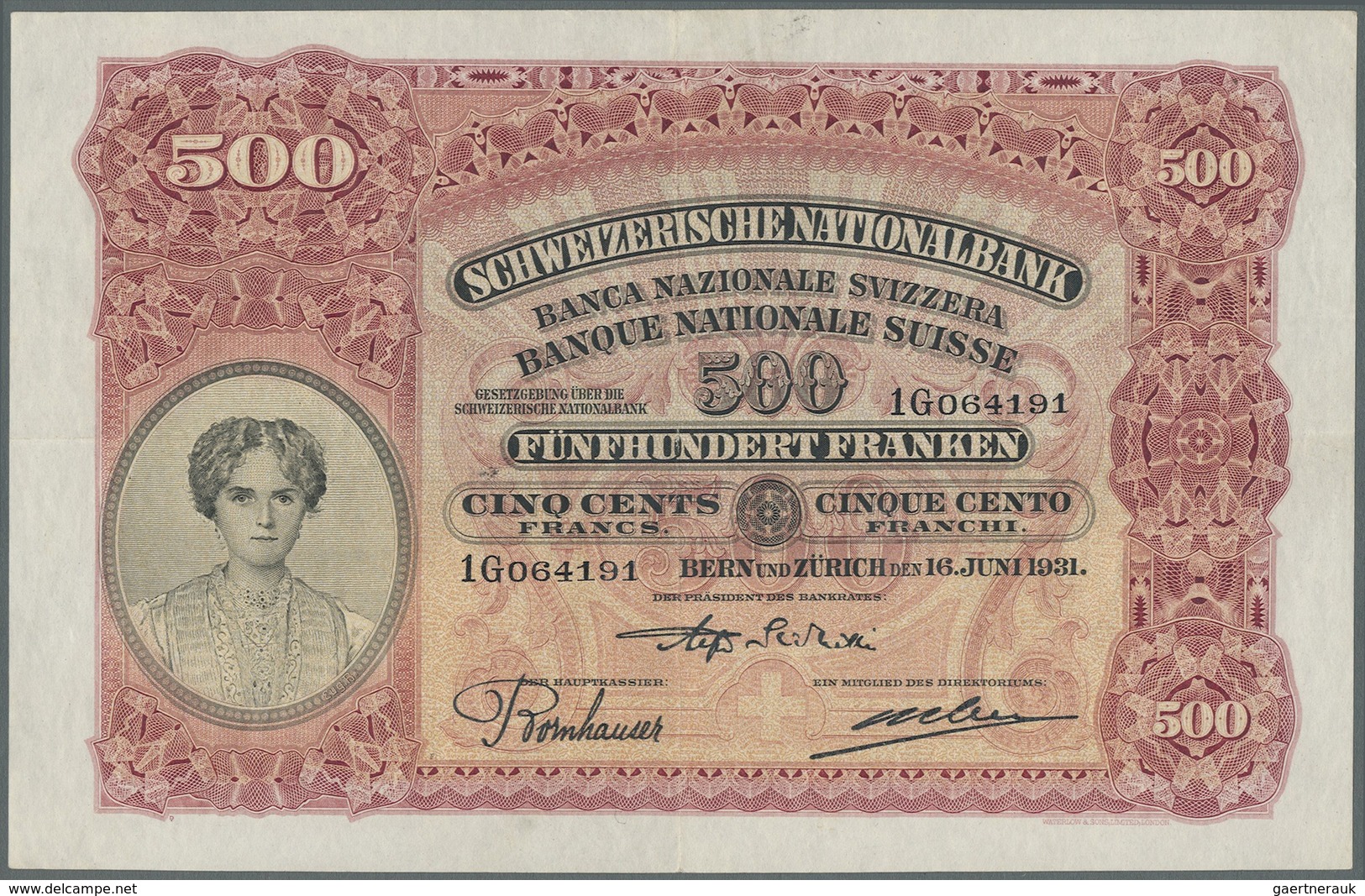 Switzerland / Schweiz: 500 Franken 1931 P. 36b, Great Condition With Only A Center And Horizontal Fo - Switzerland