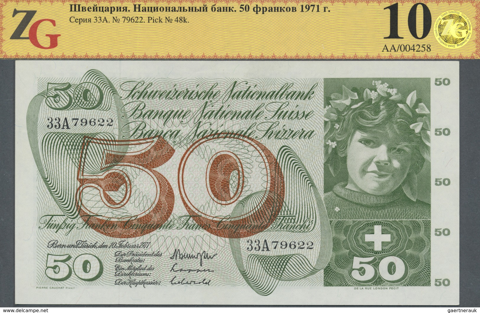 Switzerland / Schweiz: 50 Franken 1971, P.48k In Perfect Condition, ZG Graded 60 Unc - Switzerland