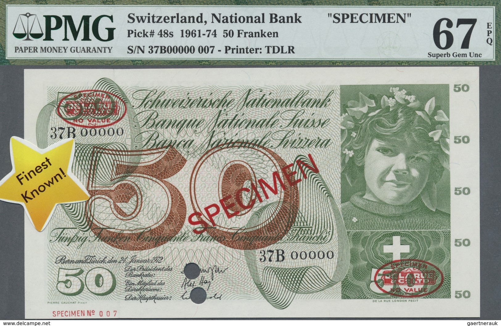 Switzerland / Schweiz: 50 Franken 1972 Specimen P. 48s, PMG Graded 67 Superb GEM UNC EPQ. - Switzerland