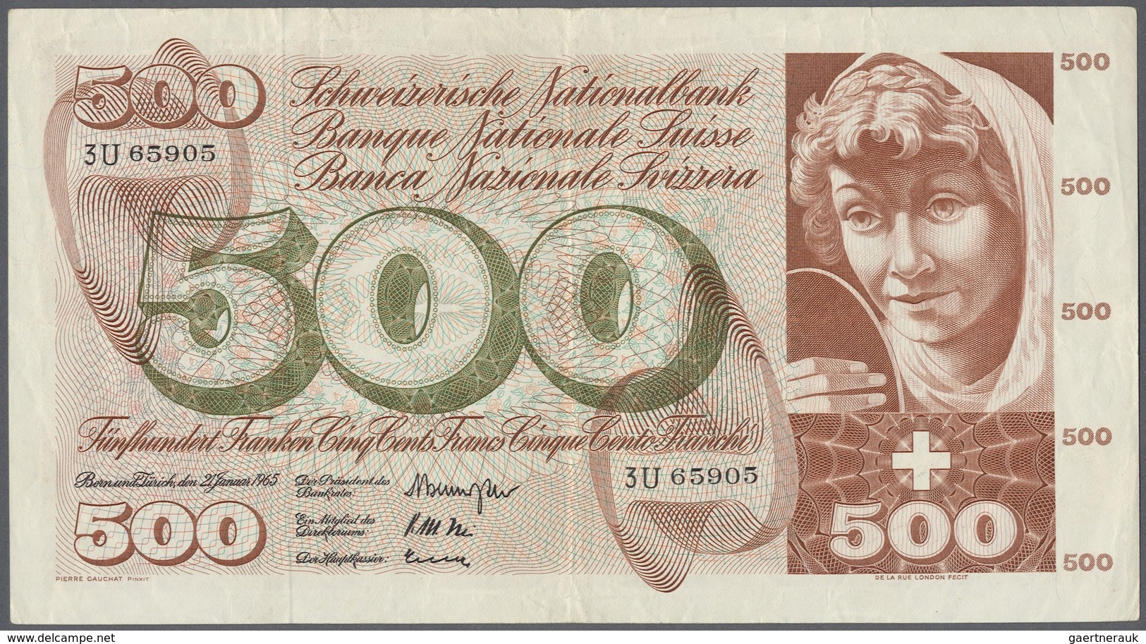 Switzerland / Schweiz: 500 Franken 1965 P. 51d, Center And Horizontal Fold, Light Creases In Paper, - Switzerland