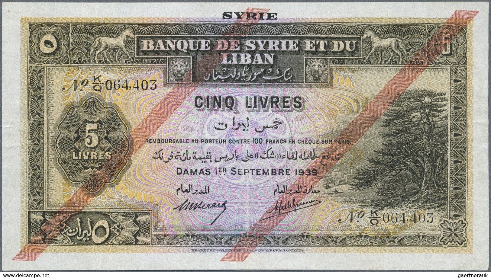 Syria / Syrien: Banque De Syrie Et Du Liban 5 Livres 1939, P.41c, Three Times Vertically Folded And - Syria