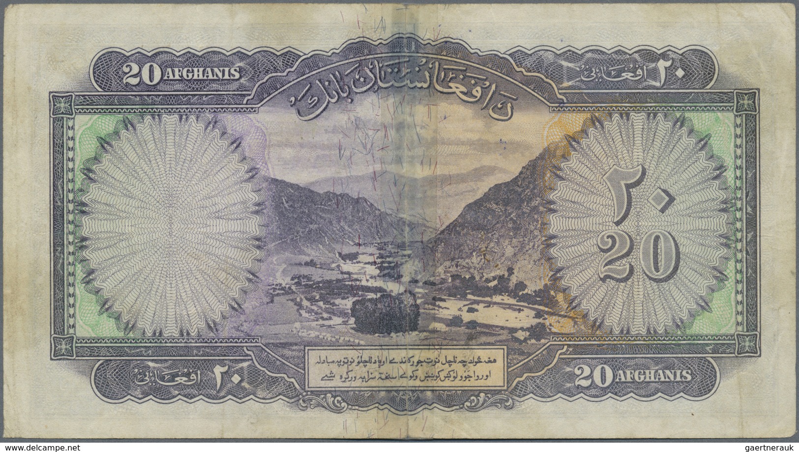 Afghanistan: Seldom Seen Key Note 20 Afghanis 1939 P. 24, Stronger Used, Center Fold Fixed With Tape - Afghanistan