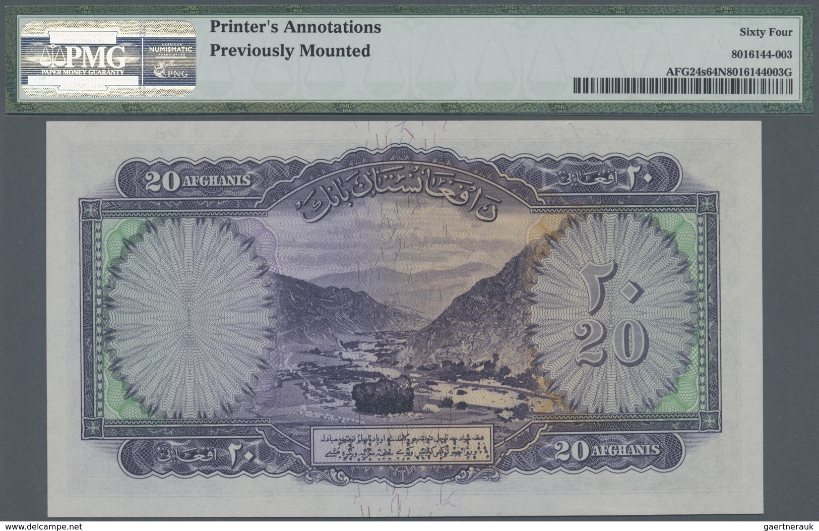 Afghanistan: 20 Afghanis ND(1939) Specimen P. 24s, Key Note Of This Series, PMG Graded 64 Choice UNC - Afghanistan