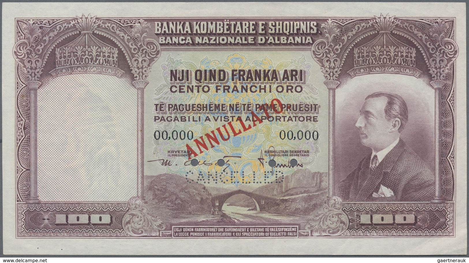 Albania / Albanien: 100 Franka Ari ND(1926) SPECIMEN, P.4s With Red Overprint "ANNULATO" And Perfora - Albanien