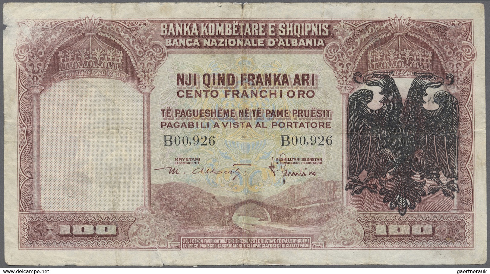Albania / Albanien: 100 Franka Ari ND(1939) P. 5, Stronger Used With Strong Vertical And Horizontal - Albanien