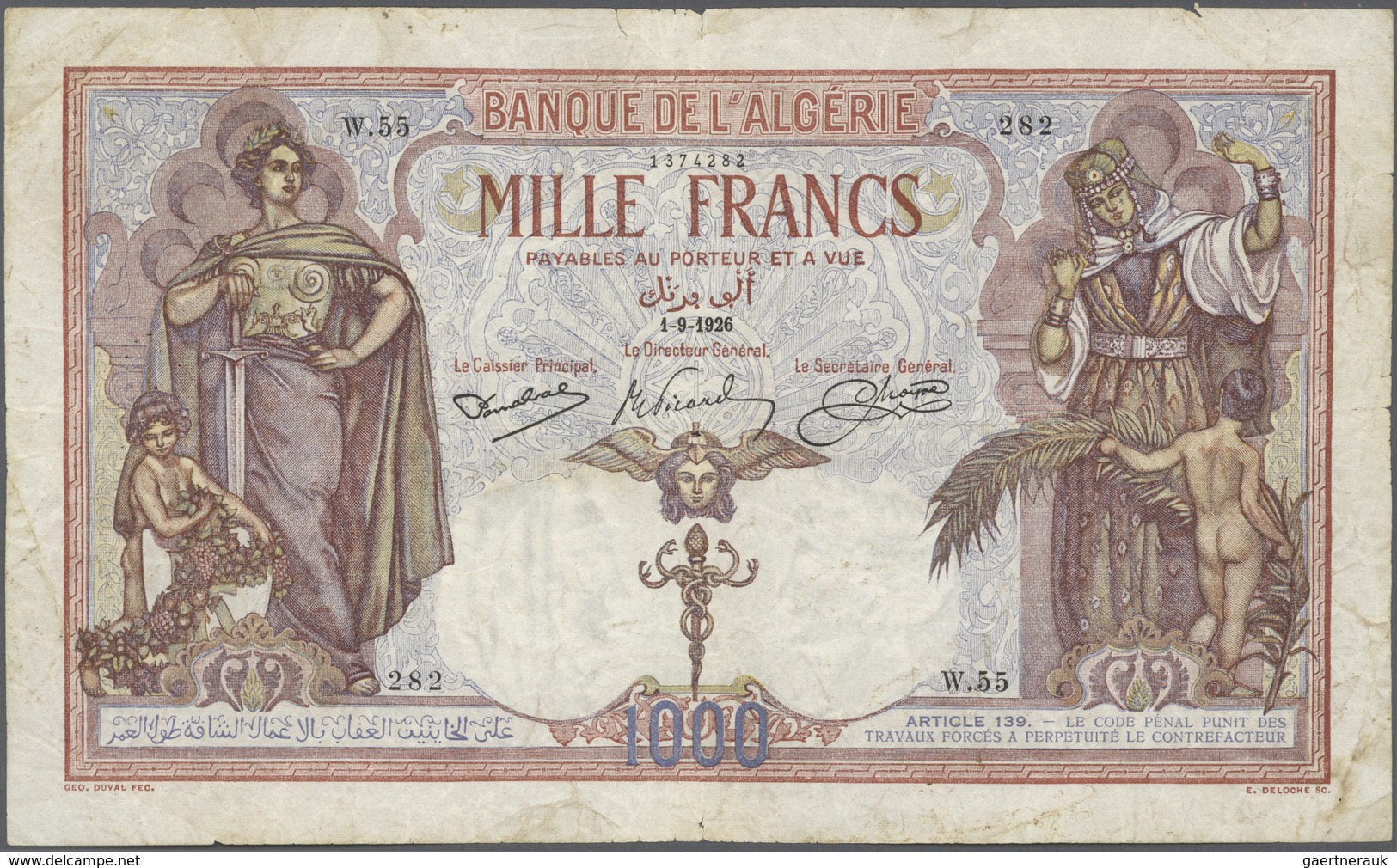 Algeria / Algerien: 1000 Francs 1926 P. 83, Used With Folds And Creases, Center Hole, Several Pinhol - Algeria