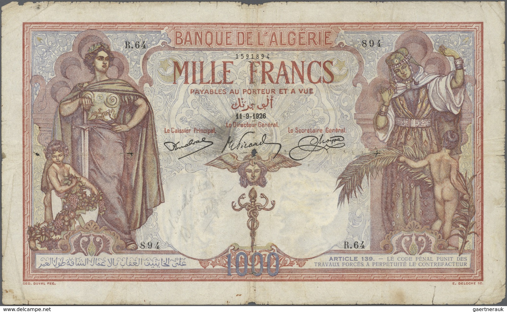Algeria / Algerien: Set Of 2 Notes 1000 Francs 1926 & 1938 P. 83, Used With Folds And Creases, Cente - Algerien