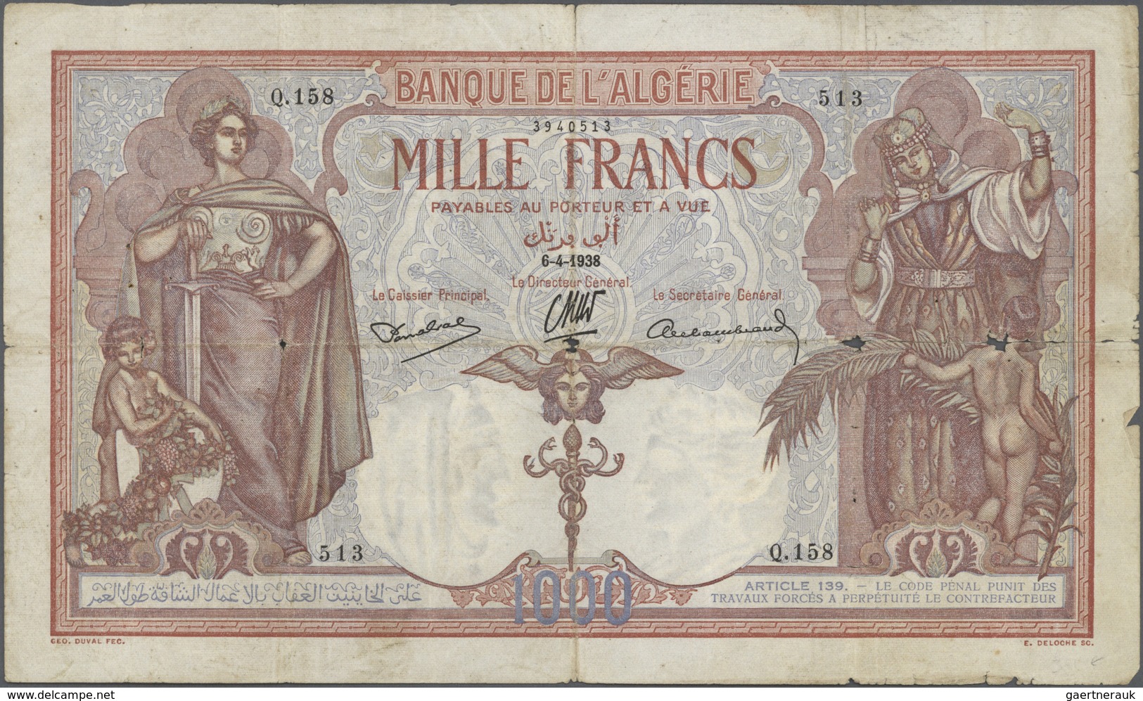 Algeria / Algerien: Set Of 2 Notes 1000 Francs 1926 & 1938 P. 83, Used With Folds And Creases, Cente - Algerien