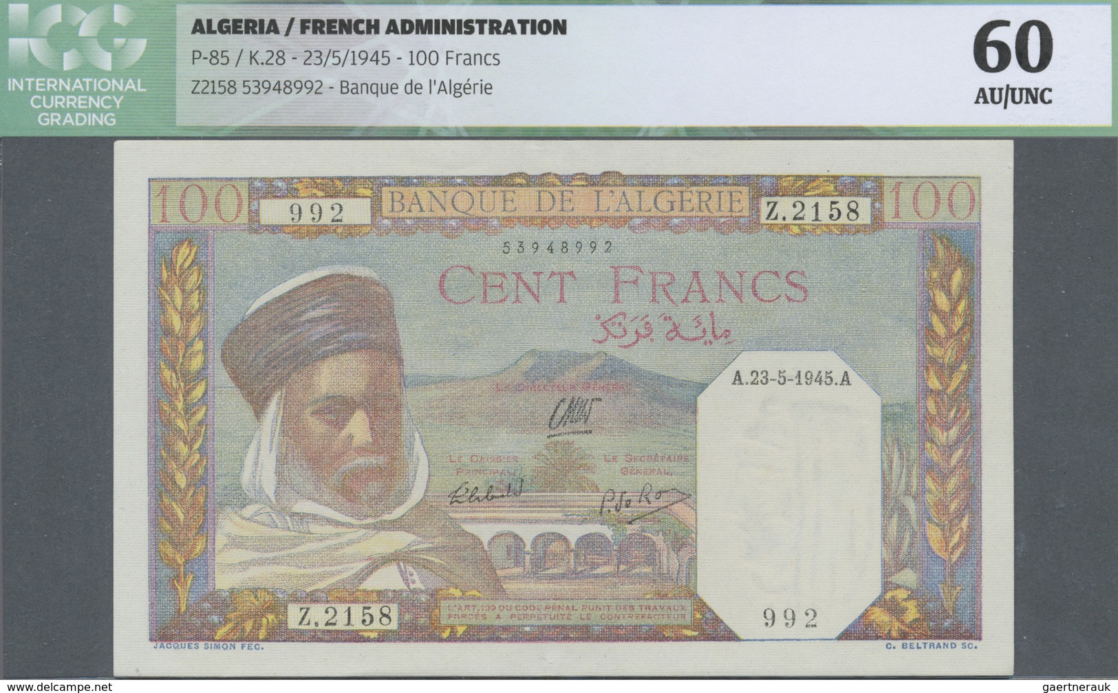 Algeria / Algerien: Banque De L'Algérie 100 Francs May 23rd 1945, P.85, Almost Perfect Condition, IC - Algeria