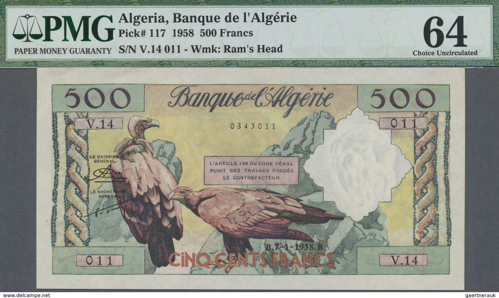 Algeria / Algerien: 500 Francs 1958, P.117 In Perfect Condition, PMG Graded 64 Choice Uncirculated - Algeria