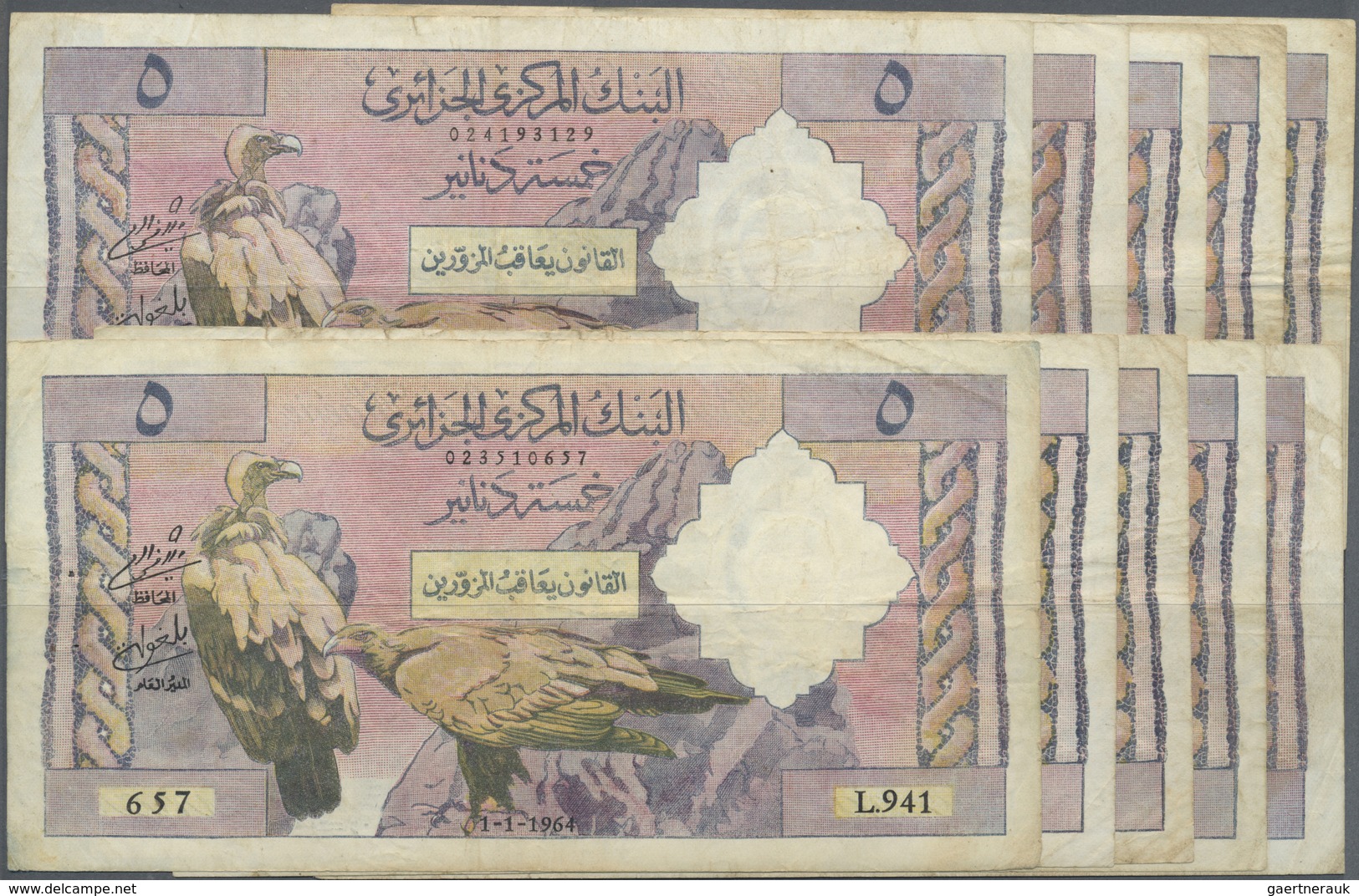 Algeria / Algerien: Set Of 10 Pcs 5 Dinars 1964 P. 122, All Used With Folds And Creases But All With - Algeria