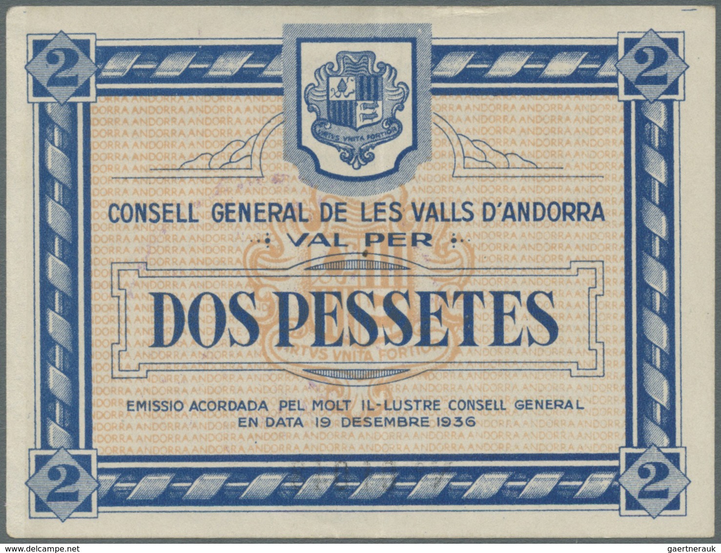 Andorra: 2 Pessetes 1936 P. 2, Light Center Fold, Paper Irritation Along Left Border, Crisp And No H - Andorra