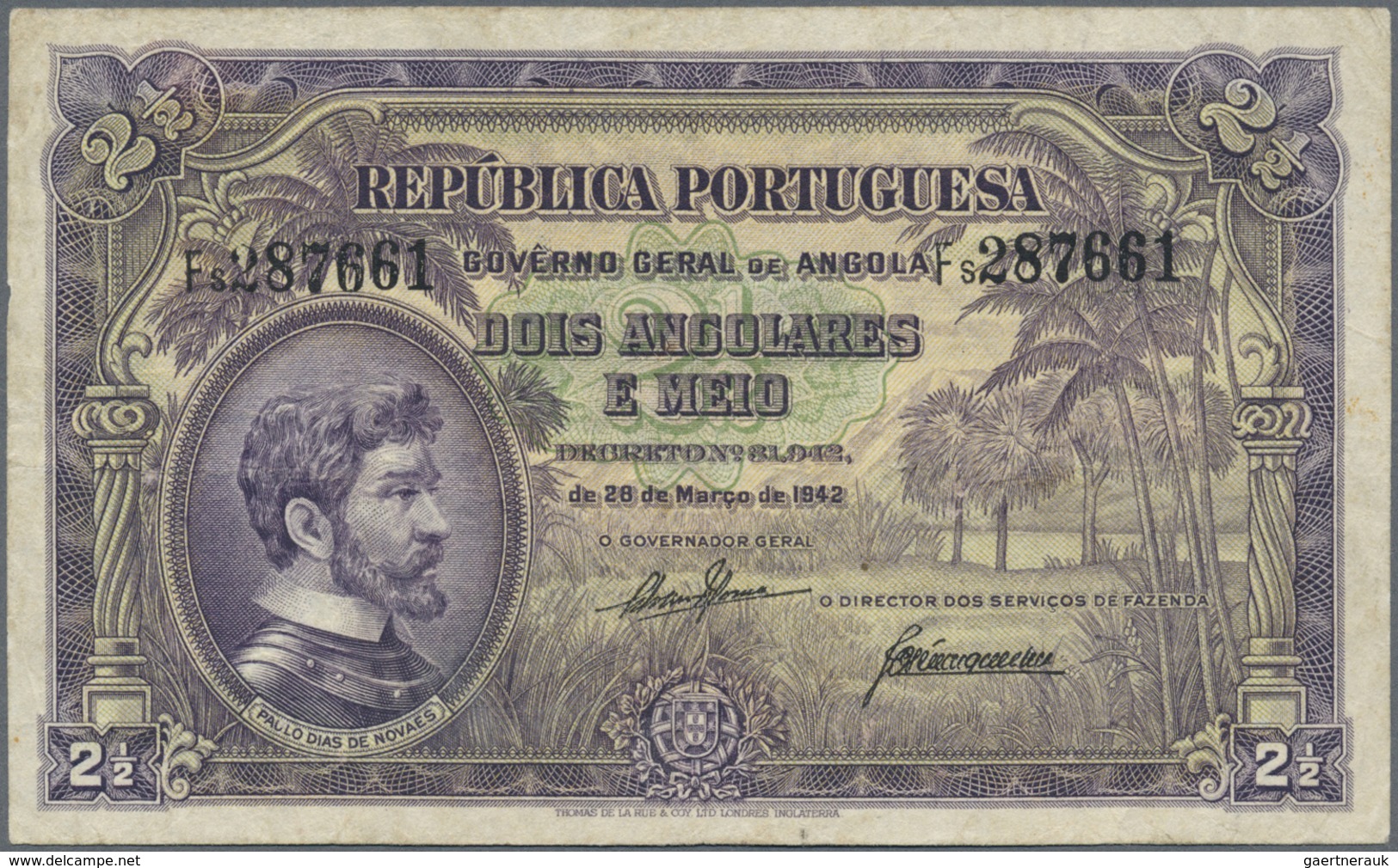 Angola: 2 1/2 Angolares 1942 P. 69, Folds In Paper, Pressed, No Holes Or Tears, Condition: F To F+. - Angola