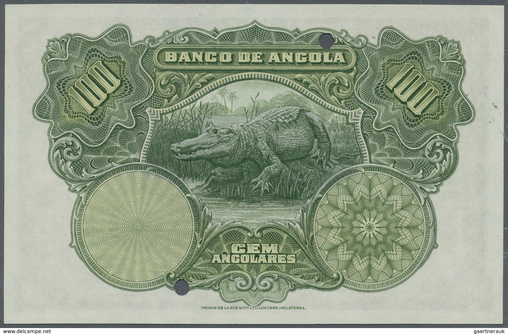 Angola: 100 Angolares 1927 With Red Overprint "SPECIMEN", Punch Hole Cancellation And Serial Number - Angola